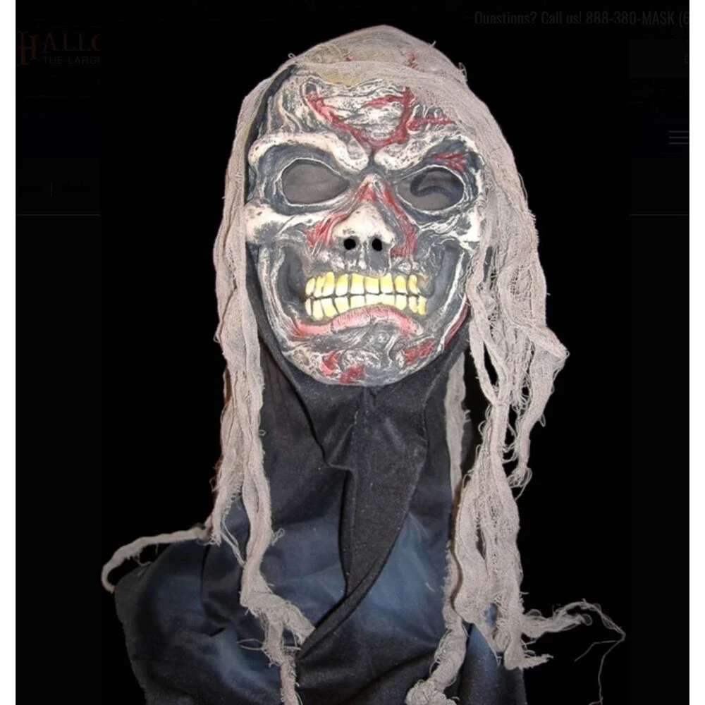Scary Skeleton Zombie Mask Hood Long Gray Hair Halloween Adult Horror Costume